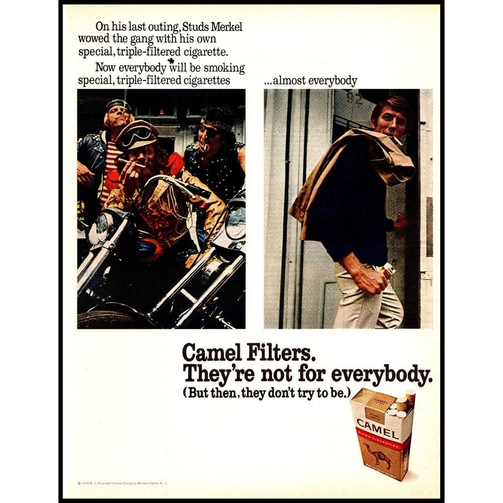 1971 Camel Filter Cigarettes Vintage Print Ad Chopper Motorcycle Gang Wall Art